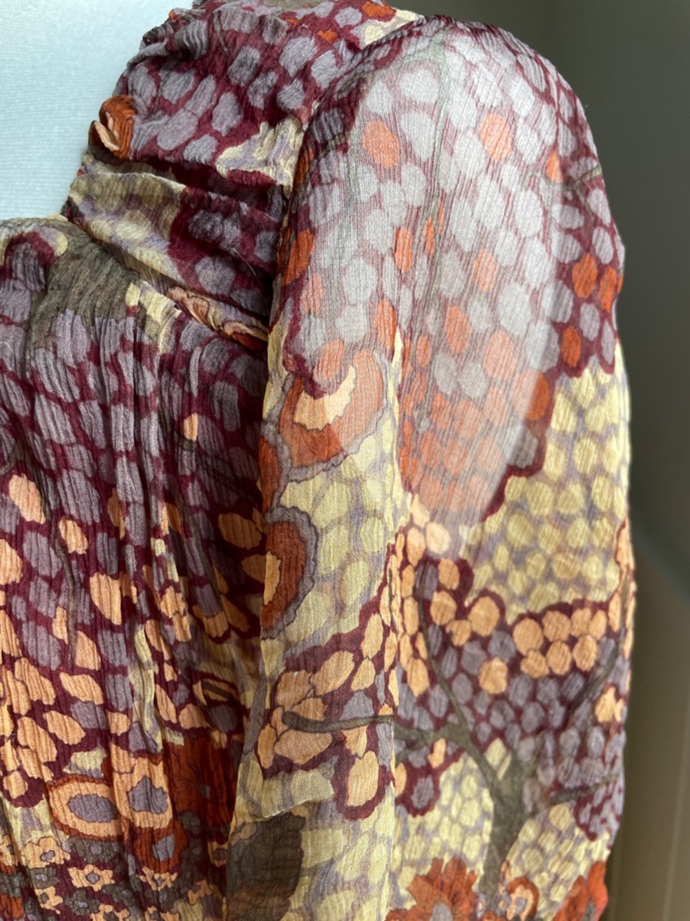 Gibson Multicolor Sheer Peasant Blouse in Rust and Olive - Picture 6 of 8